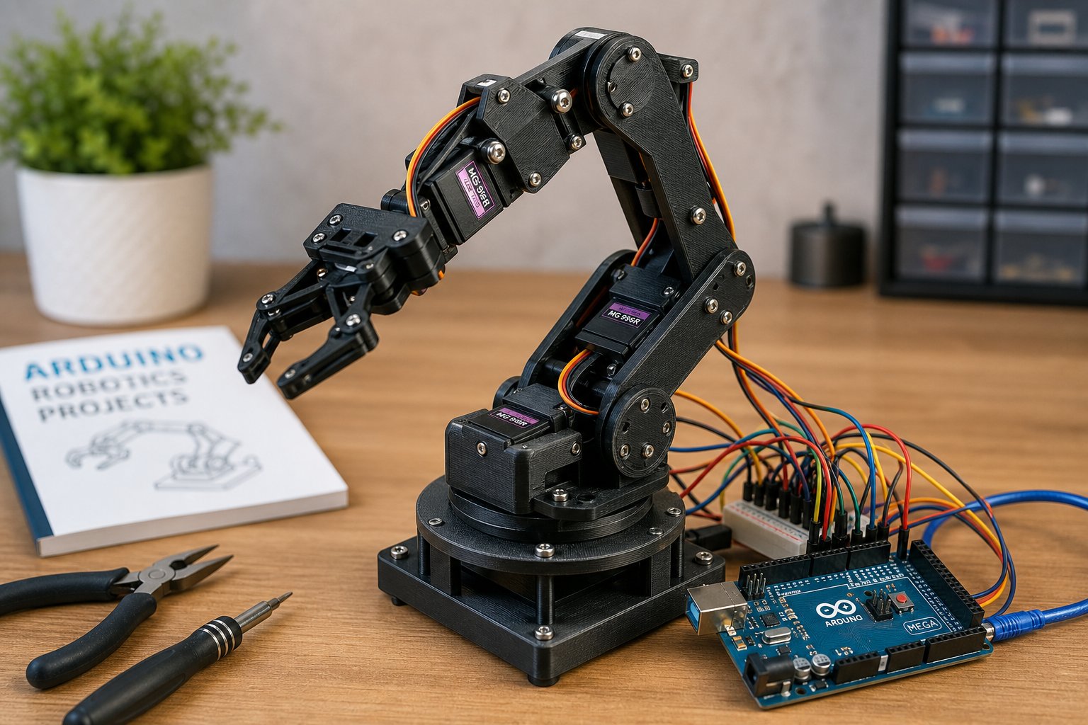 A DIY 6-DOF Arduino robot arm with servos and 3D printed parts on a workbench