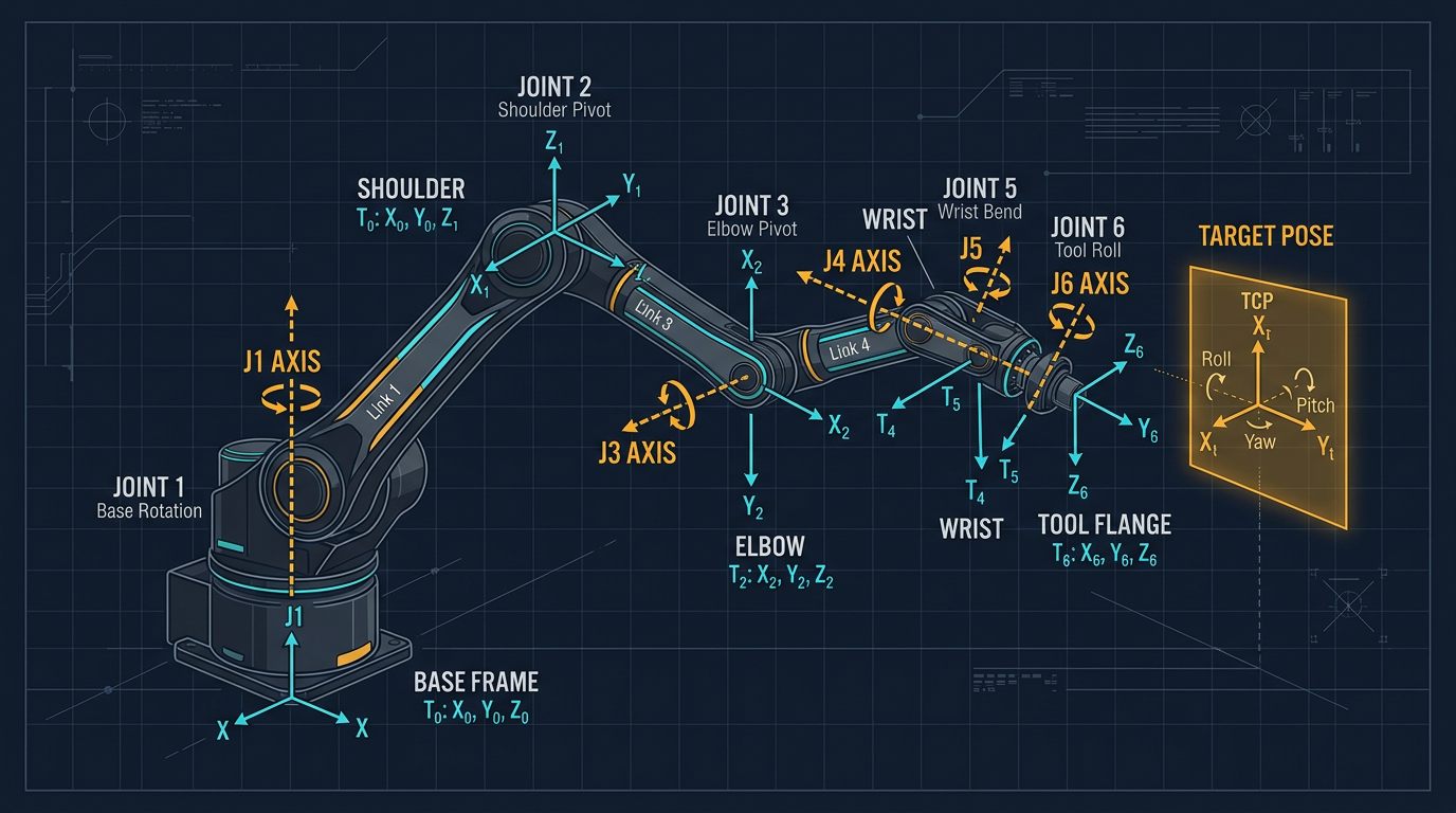 Editorial diagram of a six-axis educational robot arm and its joint frames