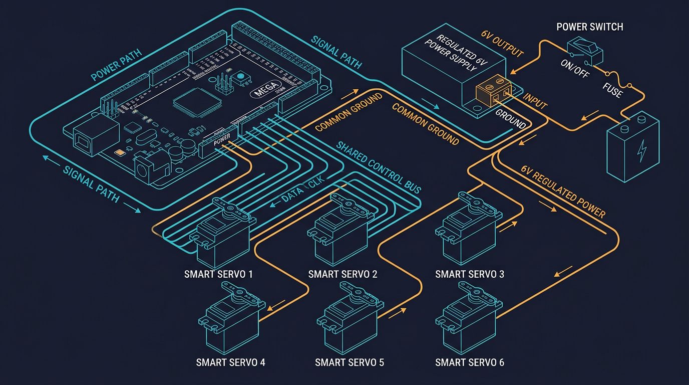 Editorial wiring diagram: Arduino control signals, separate servo supply and common ground