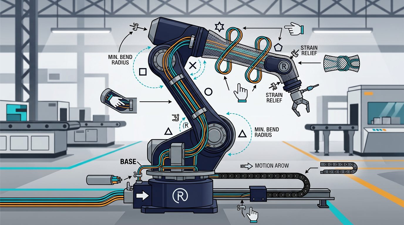Conceptual cable-routing strategies for a multi-axis robot arm.