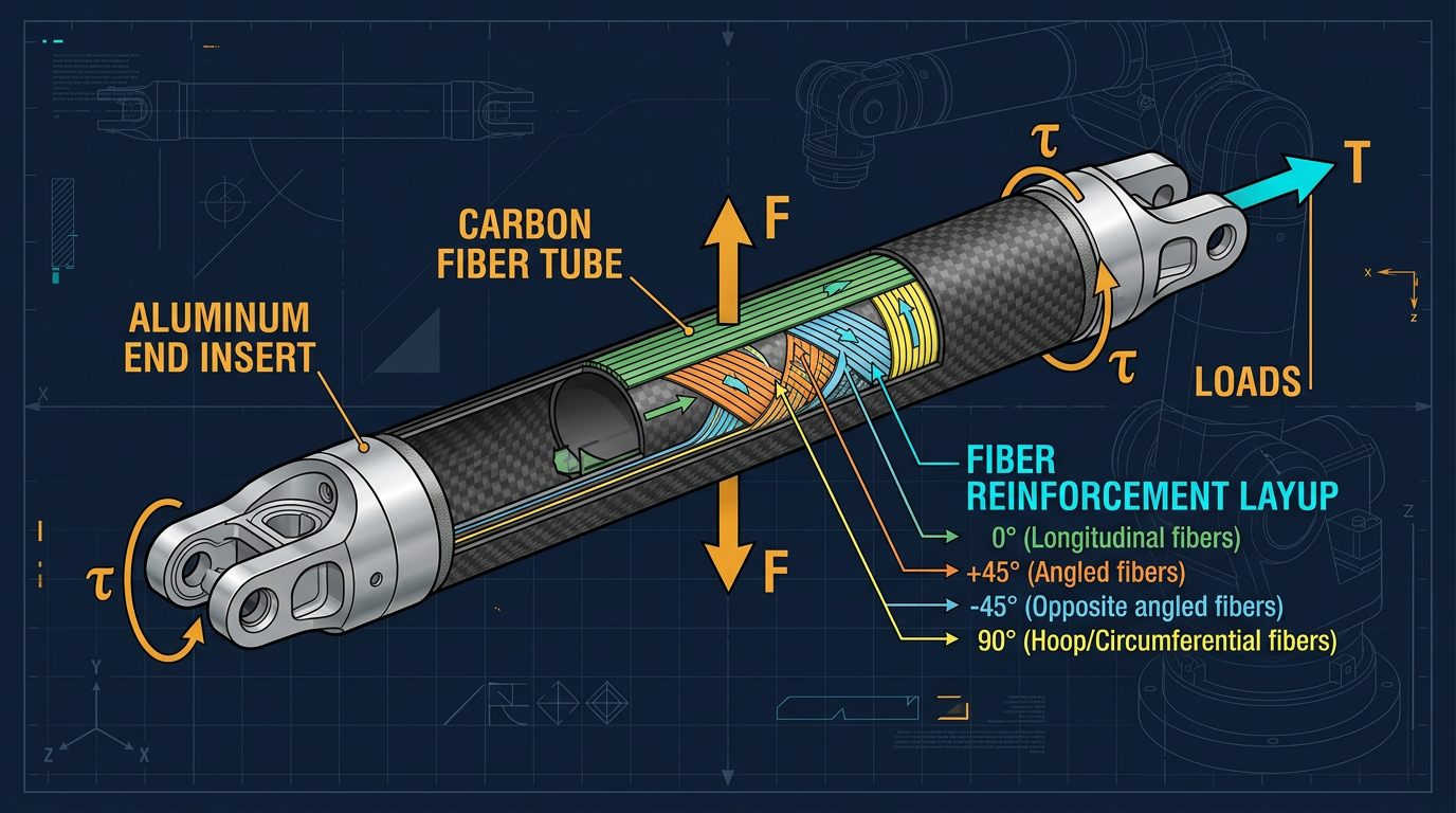 Conceptual carbon-fiber link with laminate directions and end inserts.