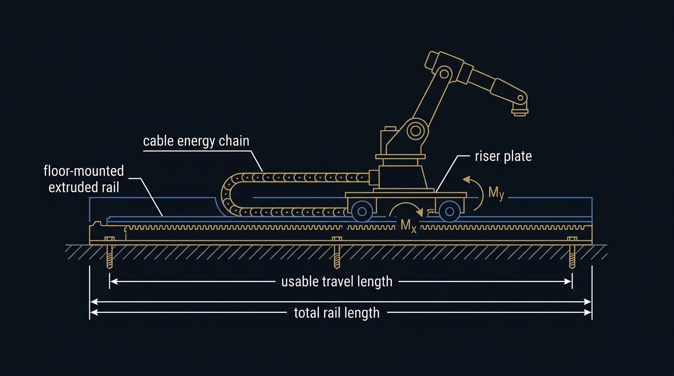 Editorial diagram of a six-axis robot arm mounted on a floor-level seventh-axis linear rail with travel and moment annotations