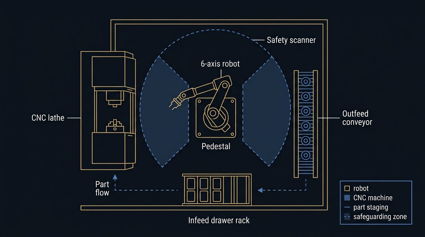 Editorial diagram of a robotic CNC machine-tending cell with a six-axis robot, lathe, infeed staging and outfeed conveyor