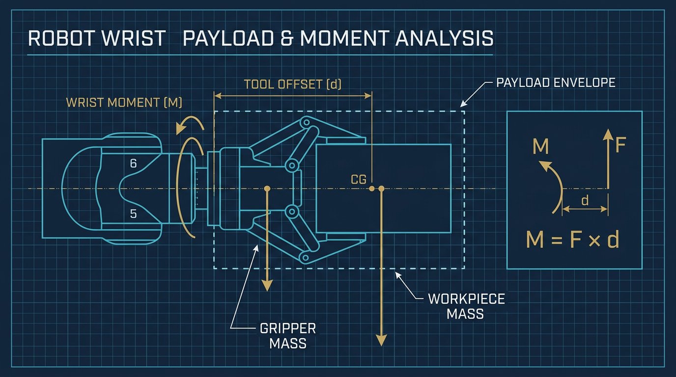 Editorial diagram of workpiece mass, gripper mass, tool offset and wrist moment.