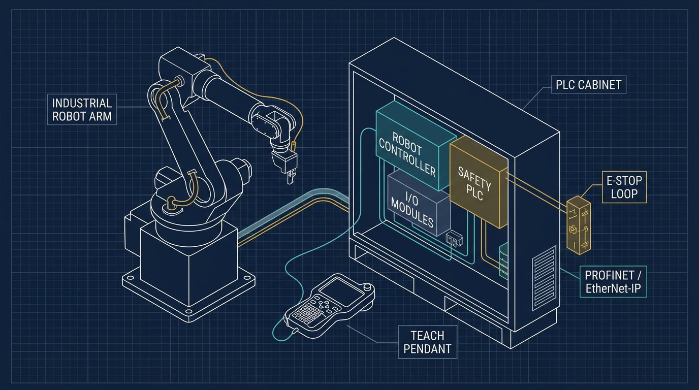 Editorial diagram of a robot controller, safety PLC, fieldbus and e-stop loop.