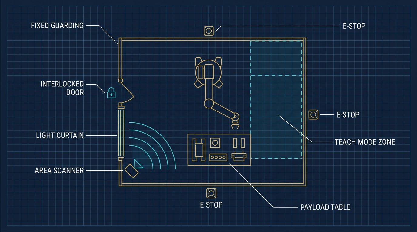Editorial diagram of safeguarding devices used in a North American robot cell.