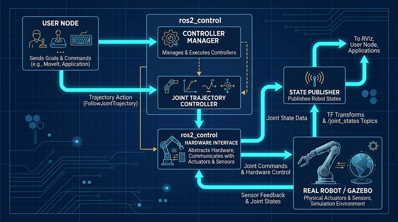 Editorial flowchart of ros2_control: user node, controller manager, hardware interface and robot or simulator.