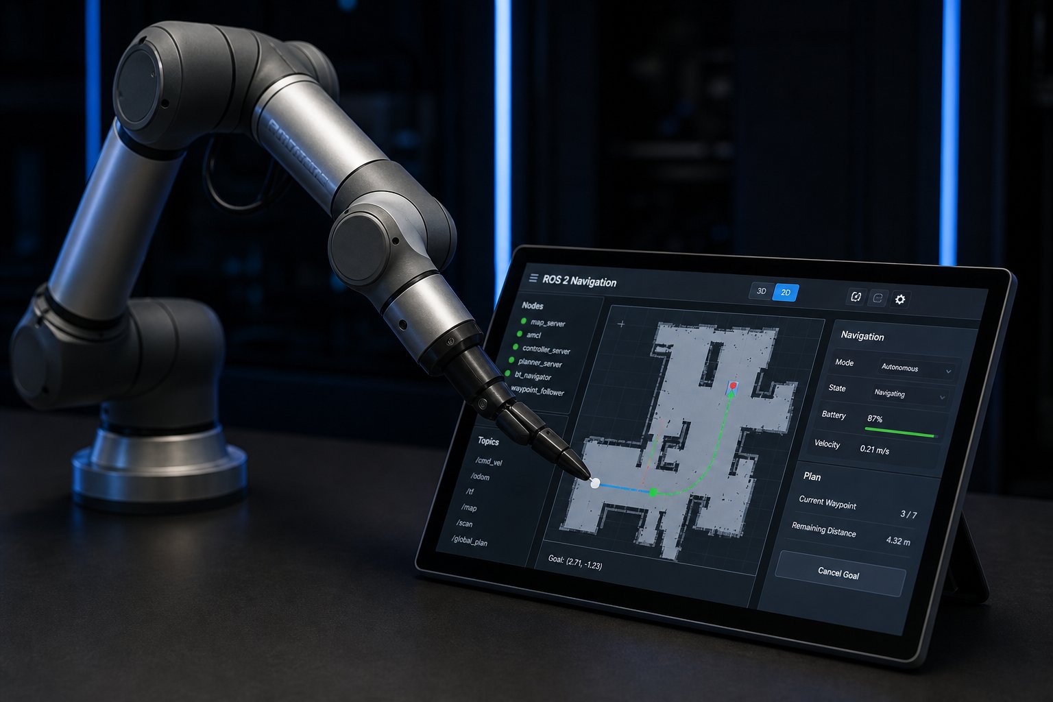 A collaborative robot arm interacting with a touchscreen HMI showing ROS 2 data